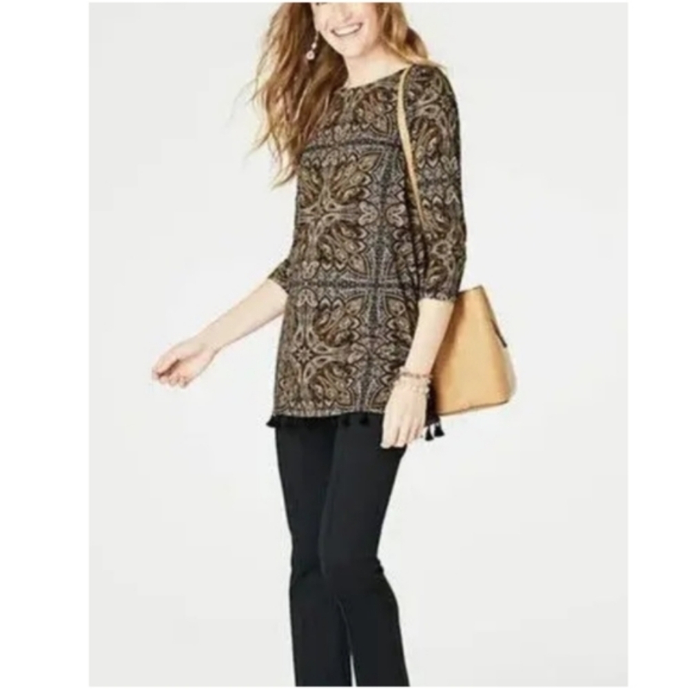 J. Jill brown black paisley print tassel tunic top